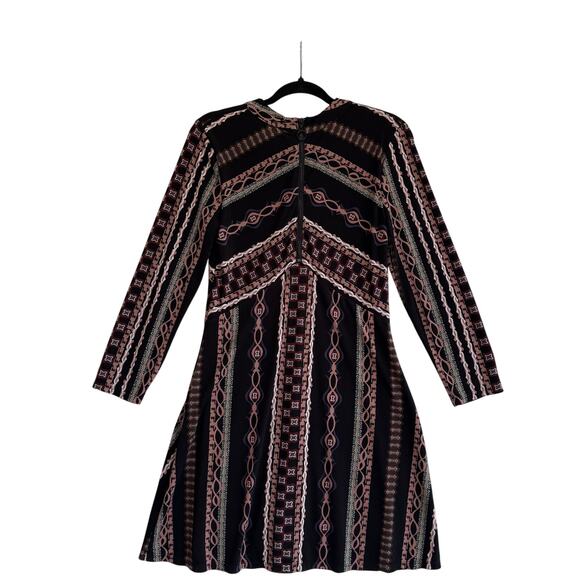 Free People Boho Geometric Print Long Sleeve A-Line Mini Dress Lined sz M - Picture 3 of 5